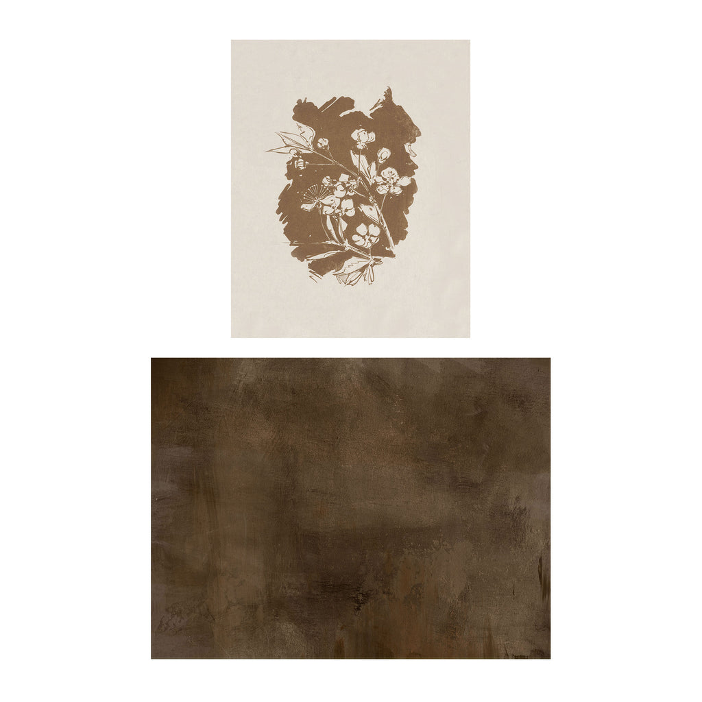 A two-panel product display showing a brown floral botanical art print on a cream background, and a large square sample of a textured dark brown material below it.