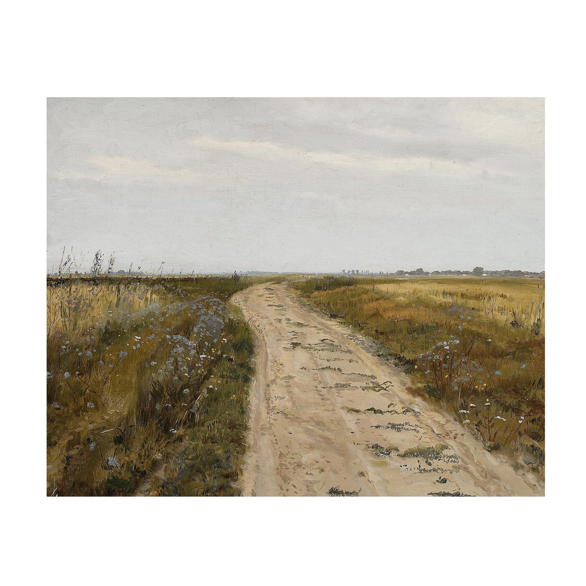 Painting of a dirt path through a field with a cloudy sky.