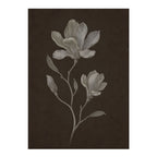 A botanical art print featuring a detailed grayscale sketch of magnolia flowers and leaves on a dark brown textured background, presented with white margins.