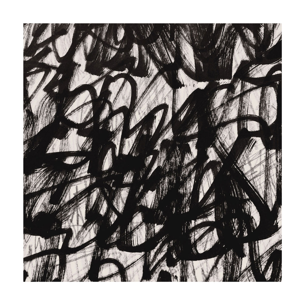 Abstract black ink scribbles and brushstrokes on a white square canvas, presented with a thin gray border.