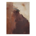 An abstract painting featuring textured brushstrokes in earthy tones of brown, terracotta, and dark plum on a warm off-white background.