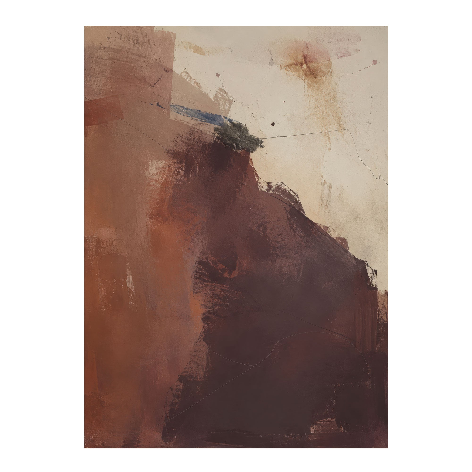 An abstract painting featuring textured brushstrokes in earthy tones of brown, terracotta, and dark plum on a warm off-white background.
