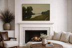 Living room with a fireplace, sofa, and large oversized muted landscape art print
