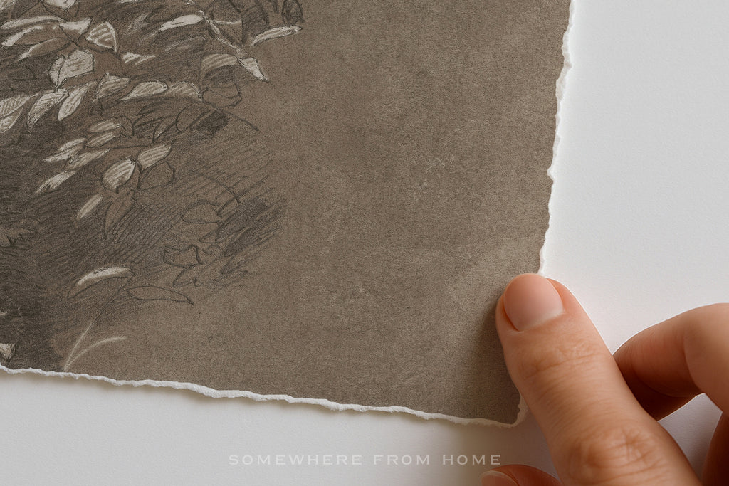 A close-up of a hand holding the edge of a square piece of textured brown paper with torn margins, showing a faint botanical line drawing on the left side against a white background.
