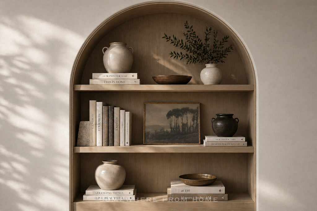 An arched wooden built-in bookshelf with three shelves, styled with ceramic vases, books, a small bowl, and a framed landscape print, set against a warm beige wall with soft leaf shadows.