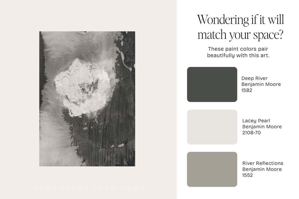 A beige and white promotional graphic for Benjamin Moore wall art, featuring a vertical abstract painting on the left and text on the right that reads 'Wondering if it will match your space?' with three Benjamin Moore color swatches and names.