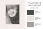 A beige and white promotional graphic for Benjamin Moore wall art, featuring a vertical abstract painting on the left and text on the right that reads 'Wondering if it will match your space?' with three Benjamin Moore color swatches and names.