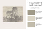 A beige promotional graphic showing a monochrome landscape artwork with trees on the left and text on the right that reads, 'Wondering if it will match your space?' followed by three Benjamin Moore paint color swatches labeled River Gorge Gray, Nature's Essentials, and Senora Gray.