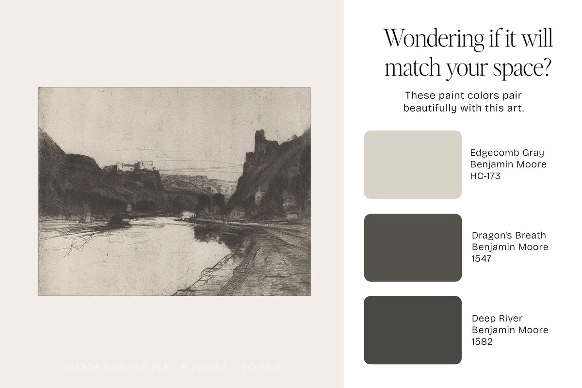 A beige promotional graphic for Benjamin Moore paint colors featuring a monochrome sketch artwork on the left and three color swatches on the right labeled Edgecomb Gray HC-173, Dragon's Breath 1547, and Deep River 1582, with text asking if the art will match the space.