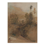 An impressionist landscape painting or sketch in earthy tones of brown, beige, and muted green, depicting trees, hills, and a soft atmospheric scene.