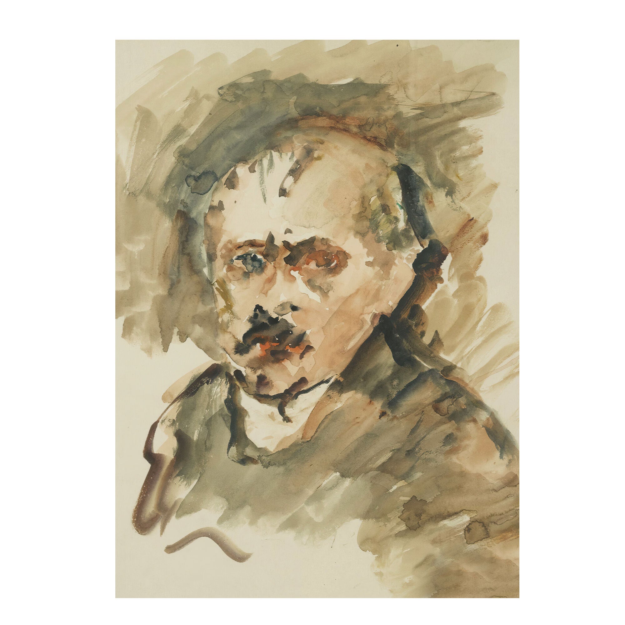 A watercolor portrait painting of a man's face and upper shoulders, rendered in earthy beige, brown, and gray tones on a white page background.