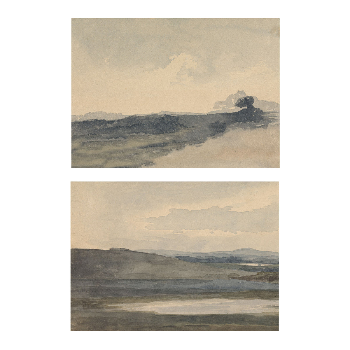 Two horizontal watercolor landscape art prints stacked vertically on a white background, showing muted beige, gray, and dark blue-gray scenic landscapes.