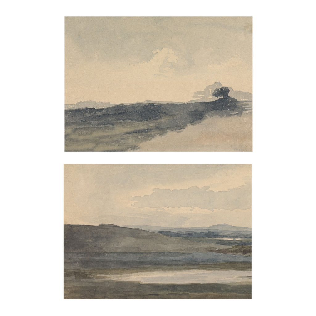 Two vertical watercolor landscape art prints stacked vertically on a white background, showing muted beige, gray, and dark blue-gray scenic landscapes.