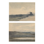 Two vertical watercolor landscape art prints stacked vertically on a white background, showing muted beige, gray, and dark blue-gray scenic landscapes.