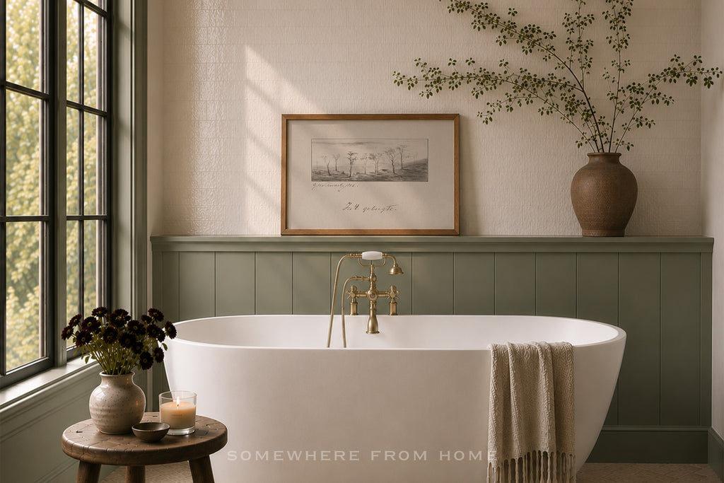 A white freestanding bathtub with a brass faucet in a styled bathroom setting, featuring sage green wainscoting, a framed landscape print on the wall, a large brown vase with branches, and a small wooden side table with a candle and flowers.