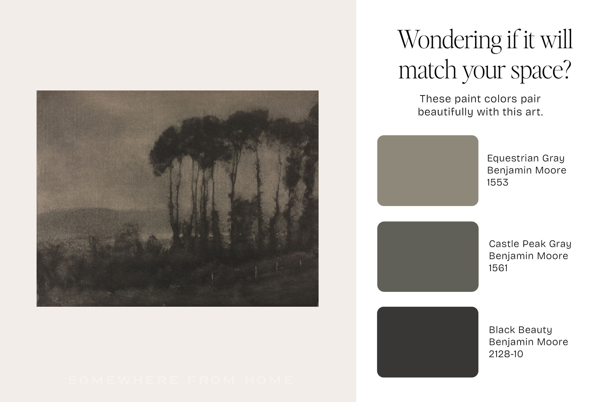 A color and art coordination graphic with a sepia landscape painting on the left and three Benjamin Moore paint swatches on the right labeled Equestrian Gray, Castle Peak Gray, and Black Beauty, with text asking if the colors match your space.