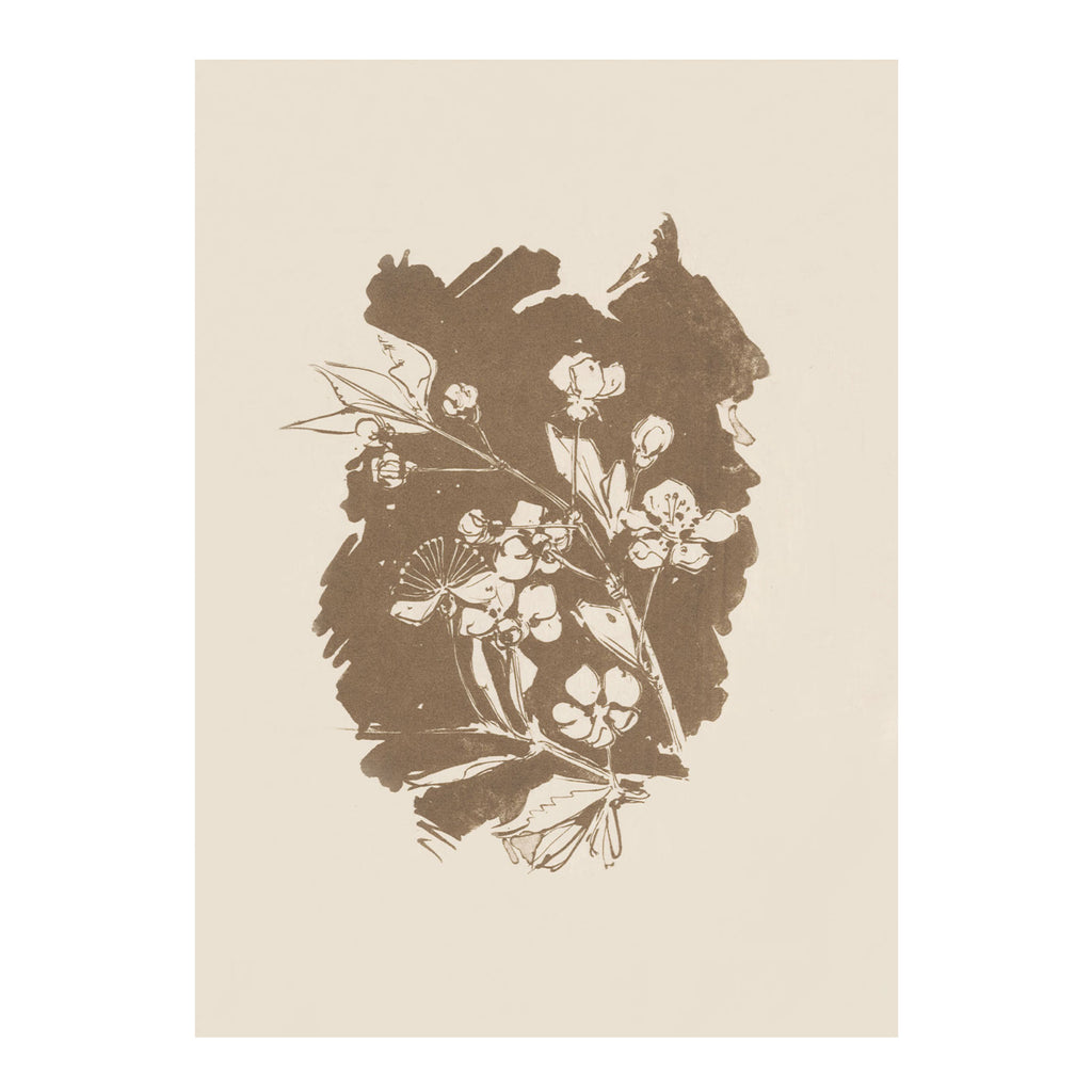 A minimalist art print featuring a sepia-toned botanical illustration of cherry blossoms on a warm beige background.