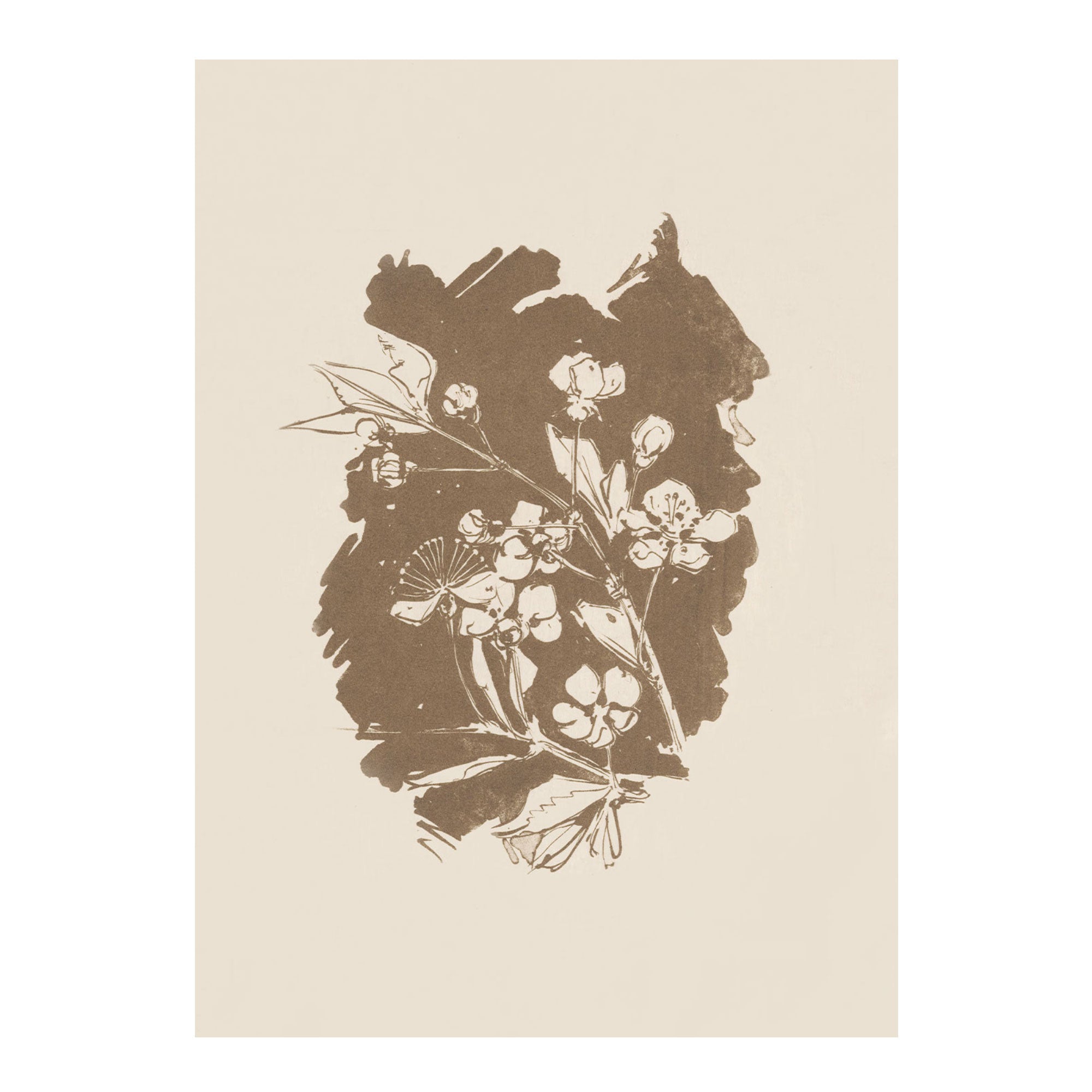 A minimalist art print featuring a sepia-toned botanical illustration of cherry blossoms on a warm beige background.