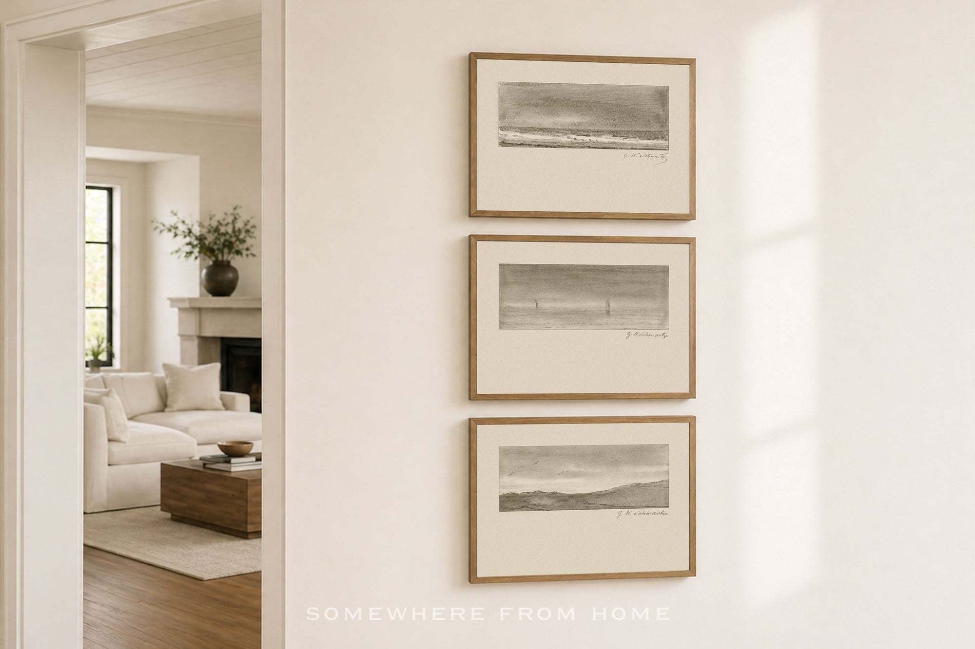 Quiet Horizon Set of 3 - Vintage Landscape Sketch