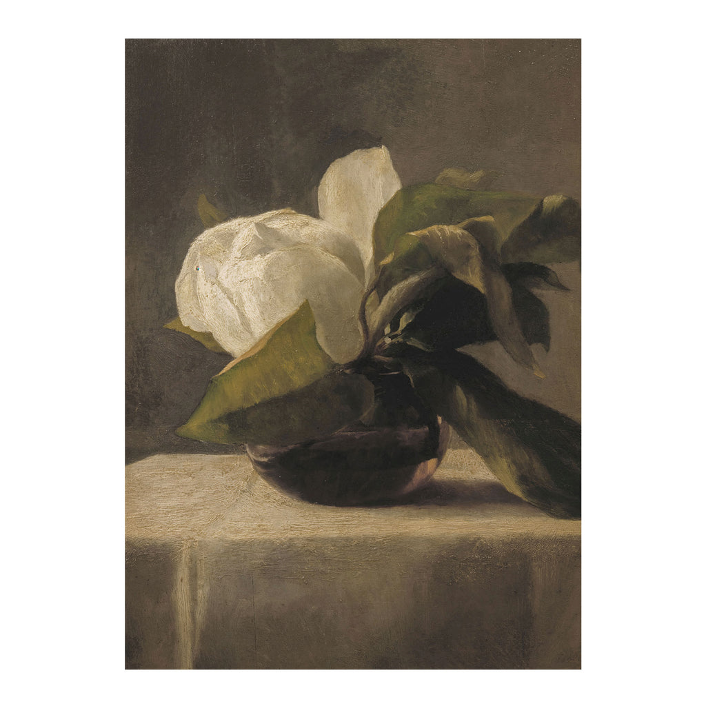 A still life painting of white flowers with green leaves in a dark bowl on a draped table, rendered in muted earthy tones against a dark background.