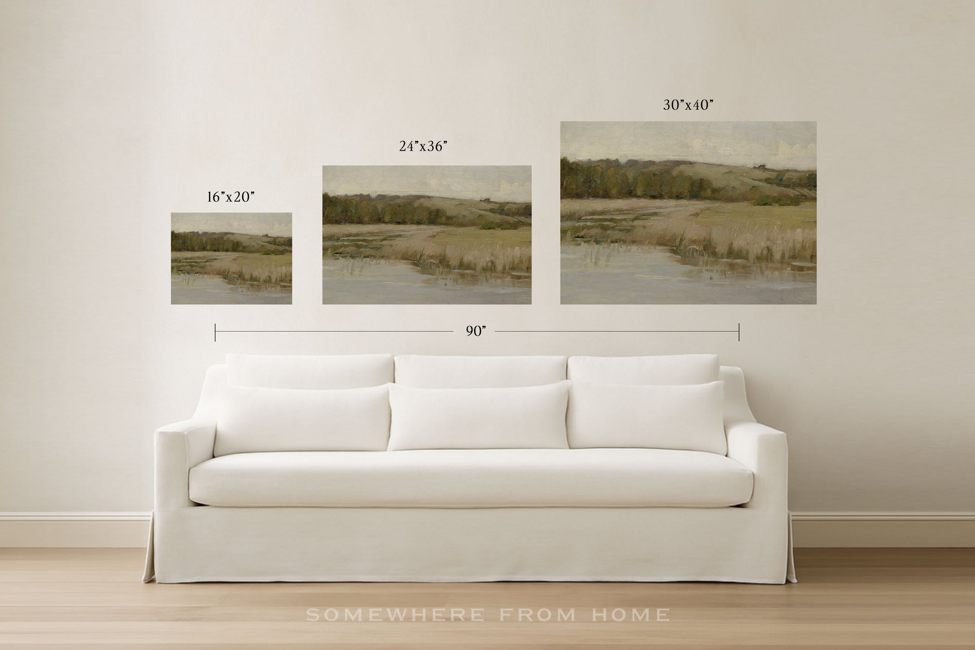 Three framed landscape wall art prints are displayed above a white sofa in a bright room, with size labels overlaid: 16"x20" on the left, 24"x36" in the middle, and 30"x40" on the right, plus a 90" width measurement across the set.