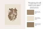 Art print with floral design on a beige background, accompanied by color swatches and paint color suggestions.