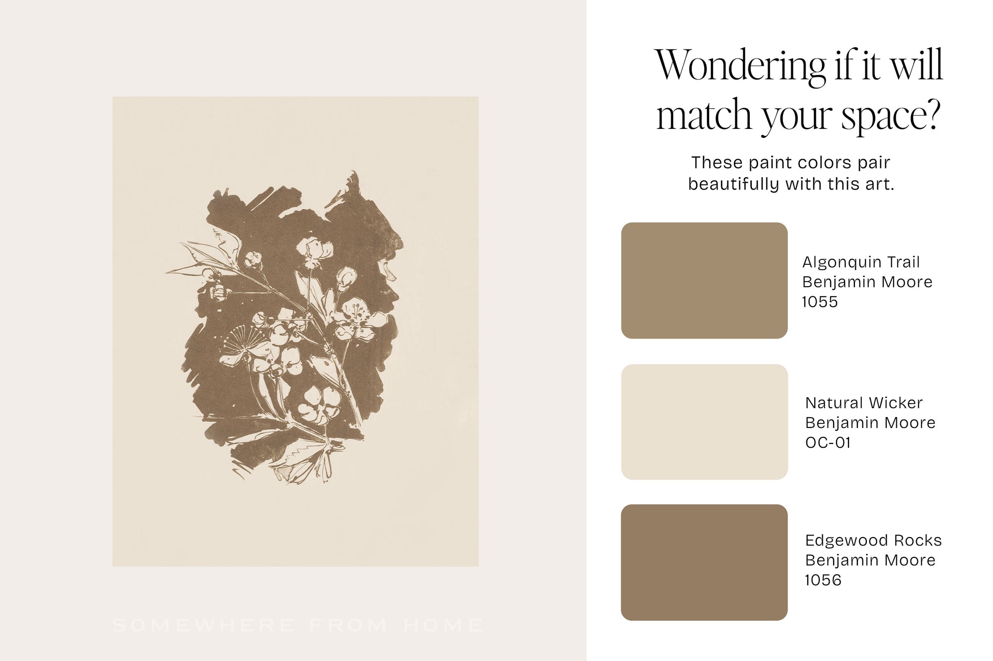 Art print with floral design on a beige background, accompanied by color swatches and paint color suggestions.
