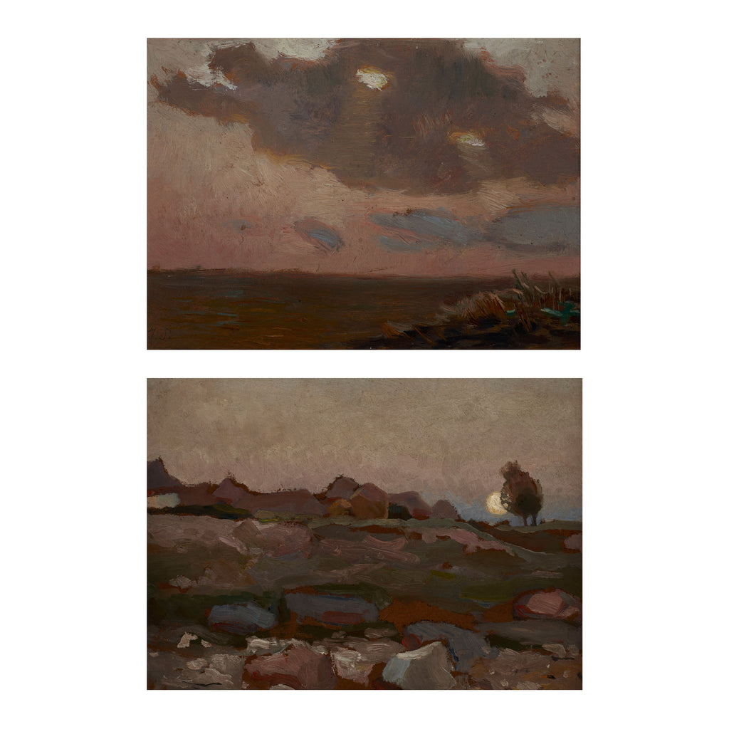 Two vertical panels showing an oil painting of a moody coastal landscape at dusk or dawn, with dark clouds, a pale moon, and rocky shoreline details, presented on a white background.
