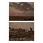 Two vertical panels showing an oil painting of a moody coastal landscape at dusk or dawn, with dark clouds, a pale moon, and rocky shoreline details, presented on a white background.