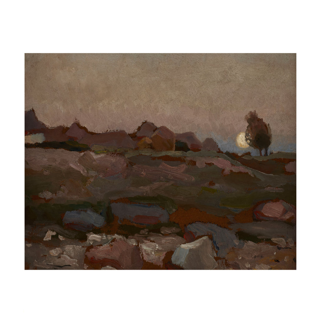 An impressionist landscape painting featuring a rocky field under a muted sky, with a solitary tree on the right beside a glowing moon.