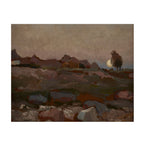 An impressionist landscape painting featuring a rocky field under a muted sky, with a solitary tree on the right beside a glowing moon.