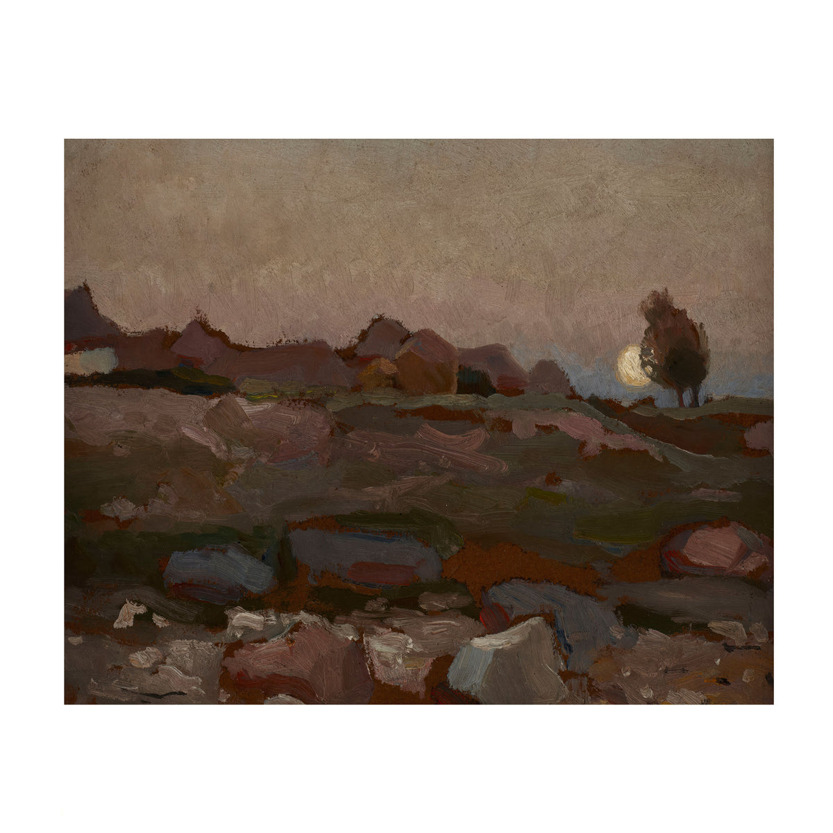 An impressionist landscape painting featuring a rocky field under a muted sky, with a solitary tree on the right beside a glowing moon.