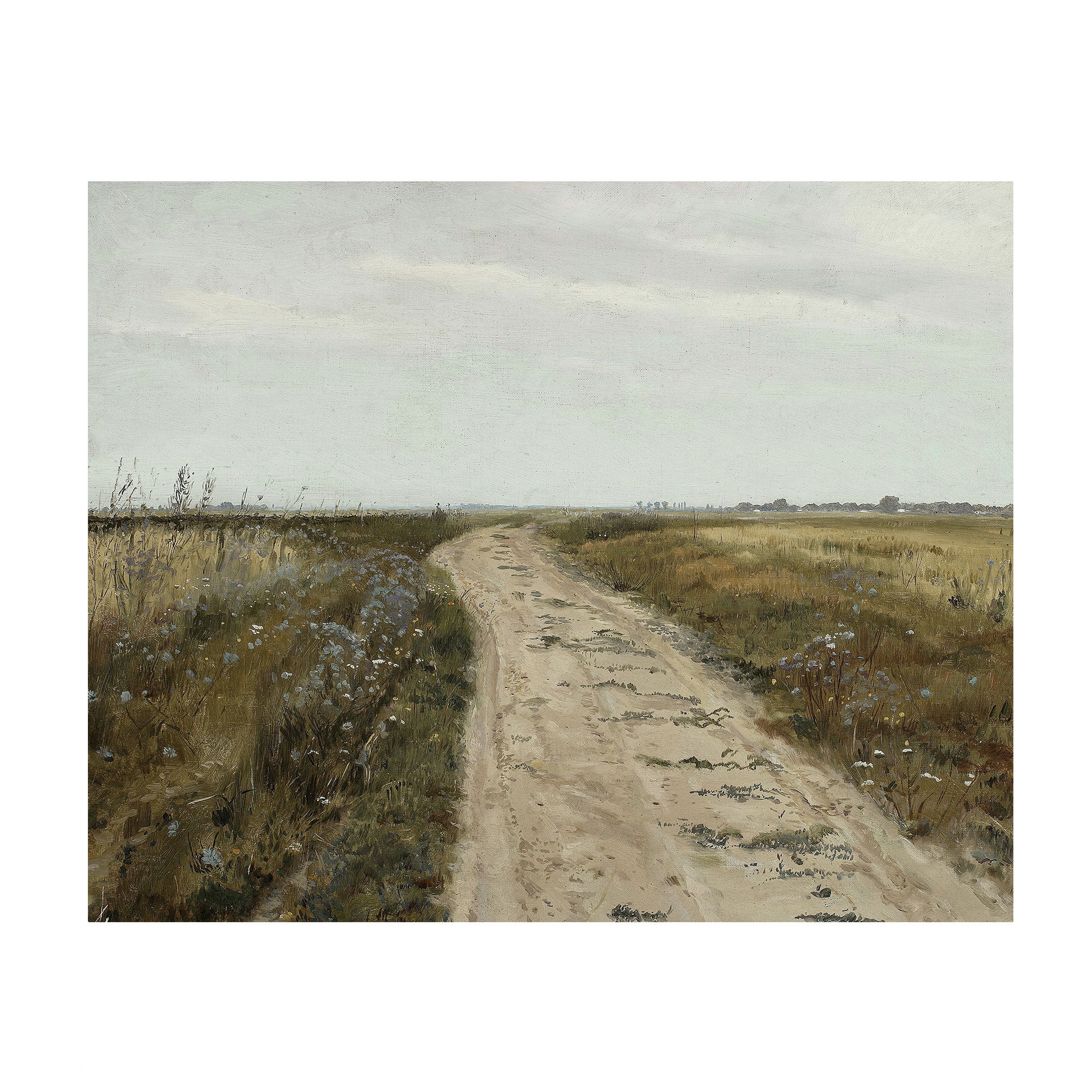 A landscape painting of a narrow dirt road running through a grassy field under a pale cloudy sky, shown centered on a white background.