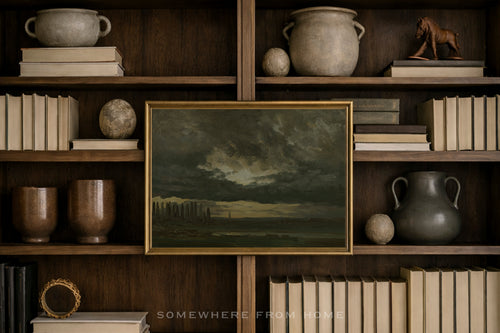 A framed landscape painting depicting a stormy sky over a field, displayed on a dark wooden bookshelf surrounded by books, ceramic vases, and decorative objects.