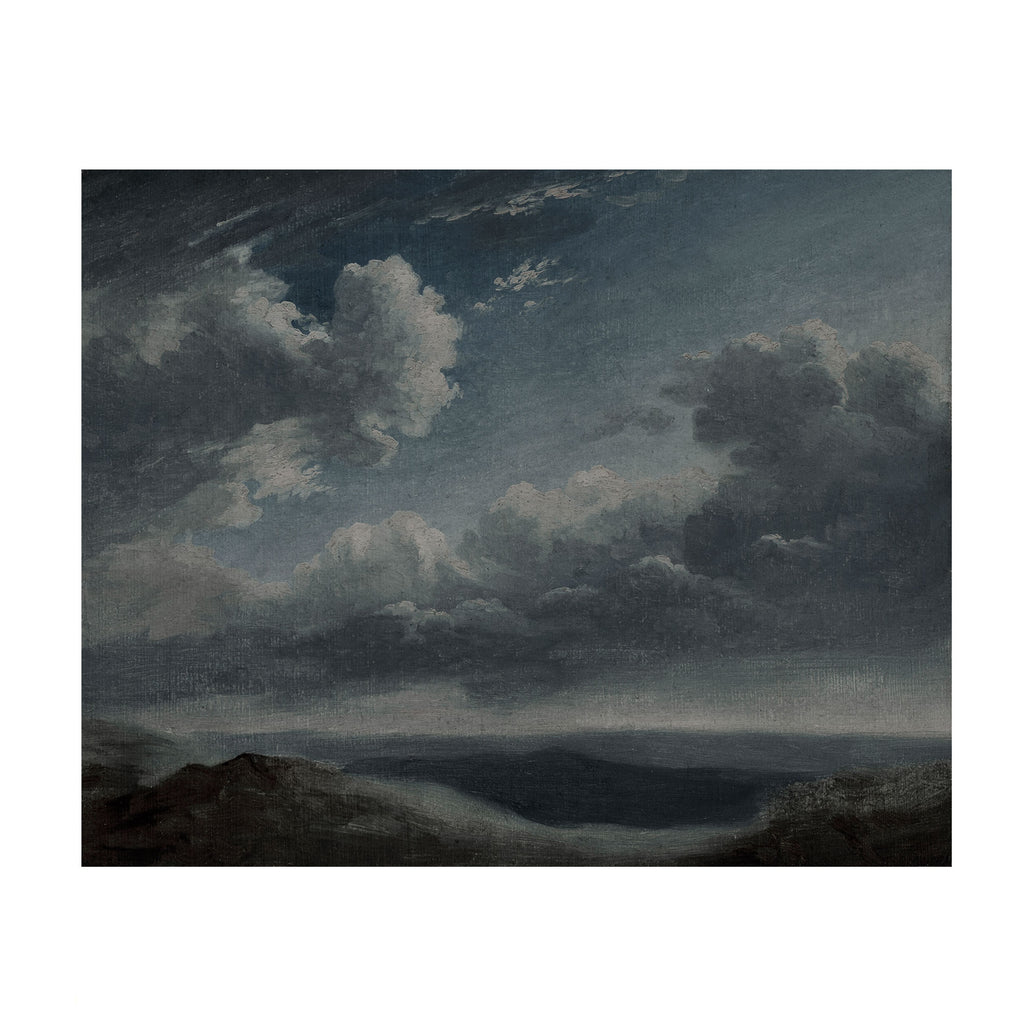 A dramatic landscape painting depicting a stormy sky with dark, heavy clouds over a dark sea and distant land, presented with a white border.