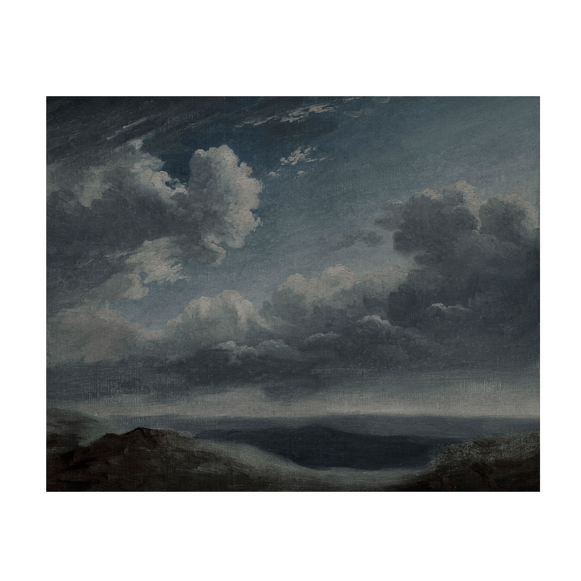 A dramatic landscape painting depicting a stormy sky with dark, heavy clouds over a dark sea and distant land, presented with a white border.