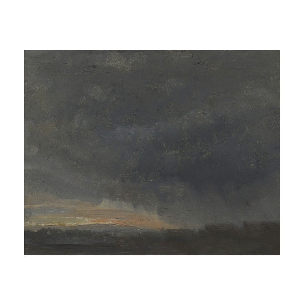 An impressionistic landscape painting depicting a dark, stormy sky with heavy gray and black clouds, a faint warm glow on the horizon, and a dark silhouetted landscape below, presented with a white border.