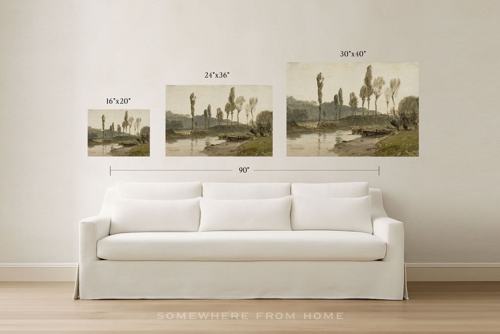 Three framed landscape art prints in different sizes are displayed on a beige wall above a white sofa. The prints show muted tree and river scenes, with size labels overlaid (16"x20", 24"x36", 30"x40", and a total width of 90").