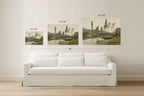 Three framed landscape art prints in different sizes are displayed on a beige wall above a white sofa. The prints show muted tree and river scenes, with size labels overlaid (16"x20", 24"x36", 30"x40", and a total width of 90").