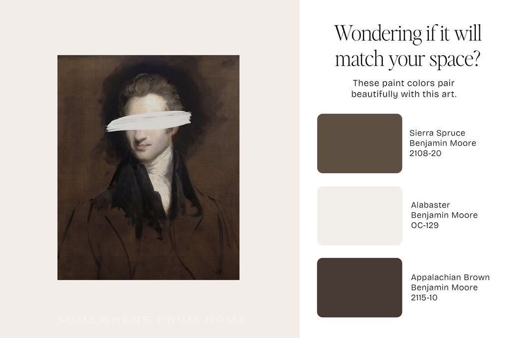 A color and art guide card featuring a portrait painting of Benjamin Moore on the left, with a white eye block obscuring part of the face. On the right, text reads 'Wondering if it will match your space?' and lists paint colors Sierra Spruce, Alabaster, and Appalachian Brown with Benjamin Moore color codes.