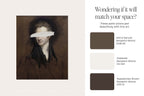 A color and art guide card featuring a portrait painting of Benjamin Moore on the left, with a white eye block obscuring part of the face. On the right, text reads 'Wondering if it will match your space?' and lists paint colors Sierra Spruce, Alabaster, and Appalachian Brown with Benjamin Moore color codes.
