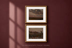 Two framed landscape paintings with white mats and ornate gold frames, displayed vertically on a dark burgundy wall with window shadow casting across the left side. Text at the bottom reads 'SOMEWHERE FROM HOME'.