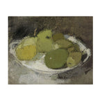 An impressionist still life painting depicting green and yellow pears in a white plate, rendered in textured brushstrokes of olive green, yellow, gray, and dark brown tones.