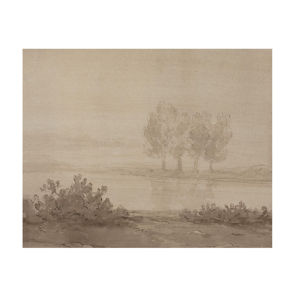 A sepia-toned landscape painting or sketch showing a calm water scene with three trees in the distance, low shrubs in the foreground, and a soft hazy sky.