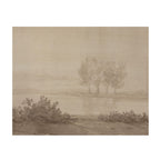 A sepia-toned landscape painting or sketch showing a calm water scene with three trees in the distance, low shrubs in the foreground, and a soft hazy sky.