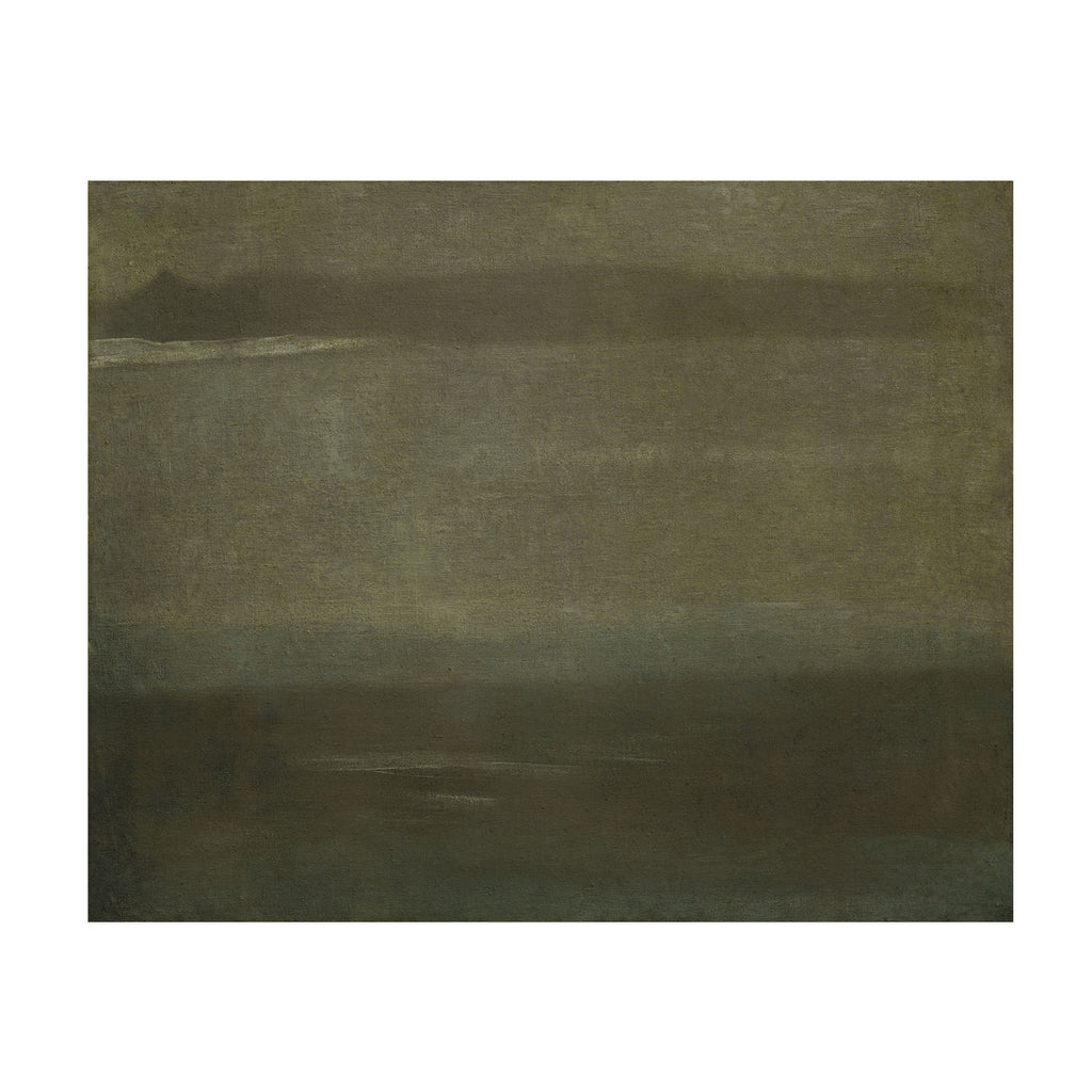An abstract landscape painting featuring muted, textured horizontal bands of olive green, dark brown, and gray, with a small pale highlight near the upper left.