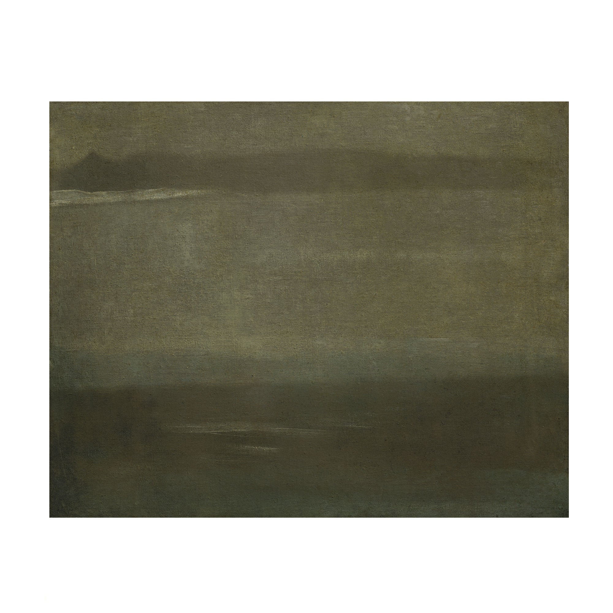 An abstract landscape painting featuring muted, textured horizontal bands of olive green, dark brown, and gray, with a small pale highlight near the upper left.