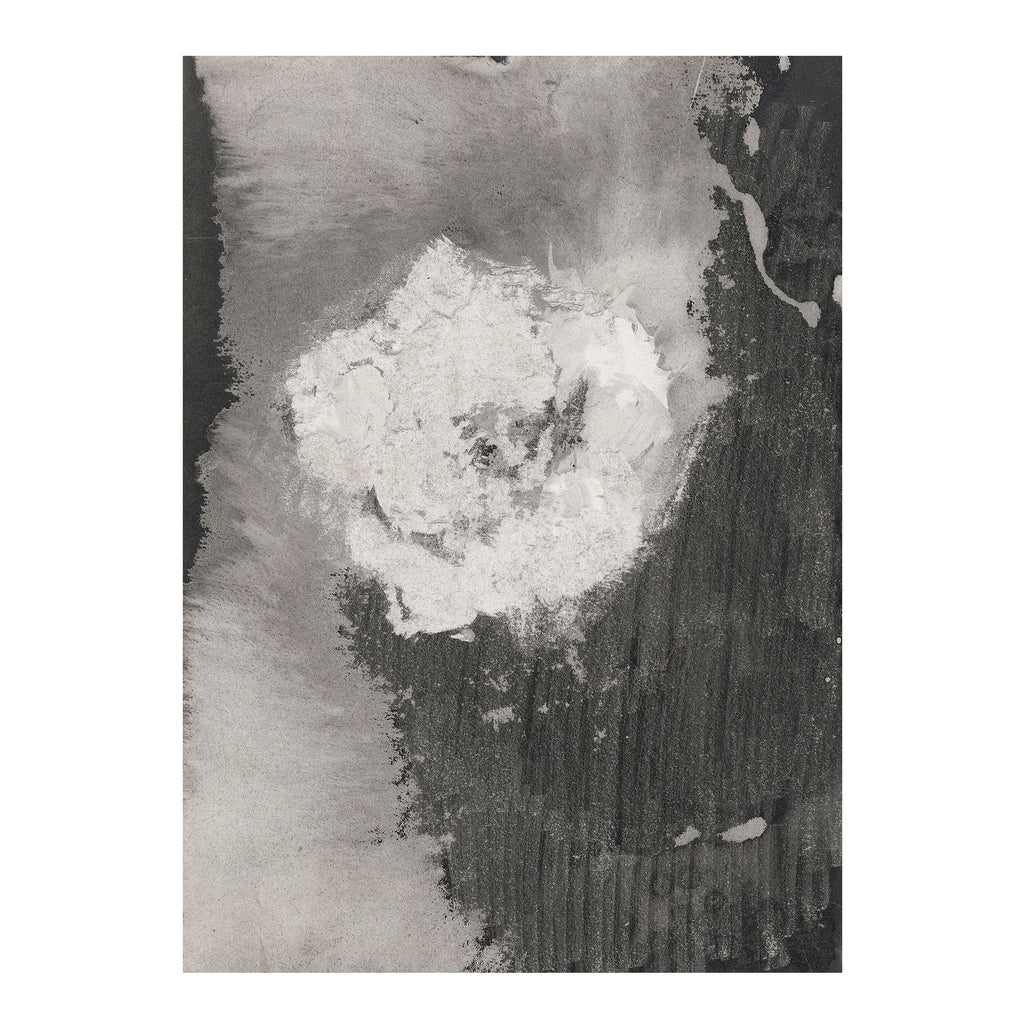 An abstract black and white textured painting featuring a central white circular form surrounded by dark charcoal and light gray brushstrokes.