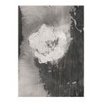 An abstract black and white textured painting featuring a central white circular form surrounded by dark charcoal and light gray brushstrokes.