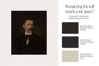 A styled interior design graphic featuring a dark portrait painting of a man on the left and text/color swatches on the right. The right side reads, 'Wondering if it will match your space?' and shows three Benjamin Moore color swatches labeled Espresso Bean, Black Beauty, and Moon Shadow.